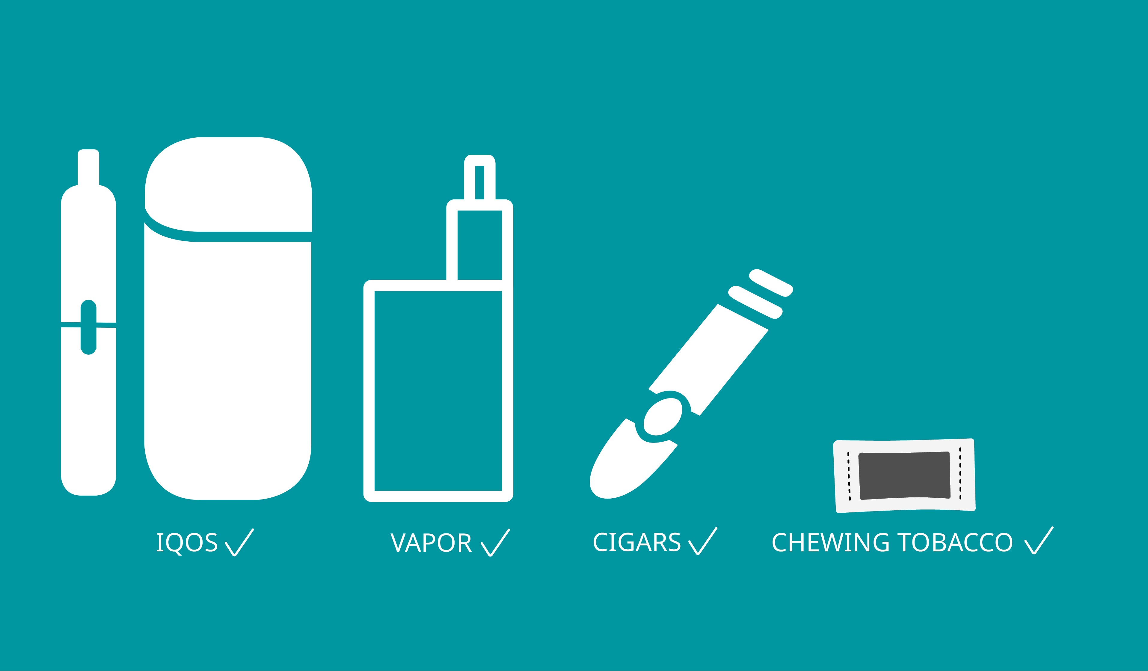 Different nicotine products: IQOS, e-cigarettes, cigars and chewing tobacco.
