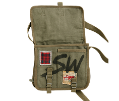A green canvas messenger bag with logo
